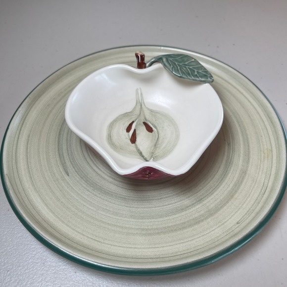 Clayworks Studio Apple‎ Themed Fruit Dip Platter Hand Thrown Pottery Green Cream - Picture 1 of 6